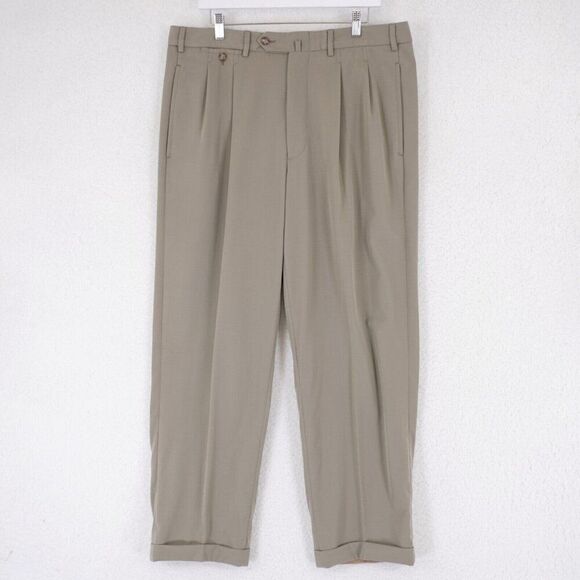 Faconnable Super 100s Wool Light‎ Green Dress Pants 37/29 High Rise Pleated Cuff - Picture 1 of 11